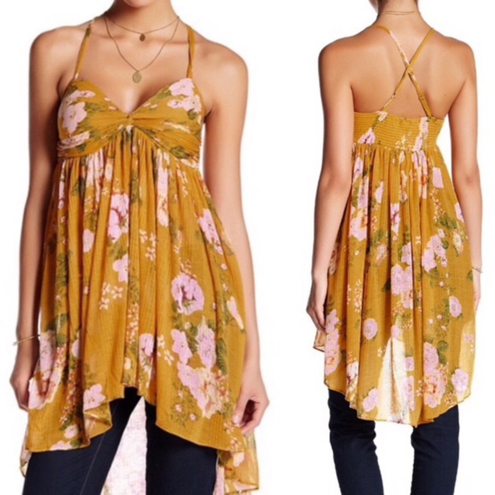 Free People Yellow Floral Mirage Tunic Top Size XS